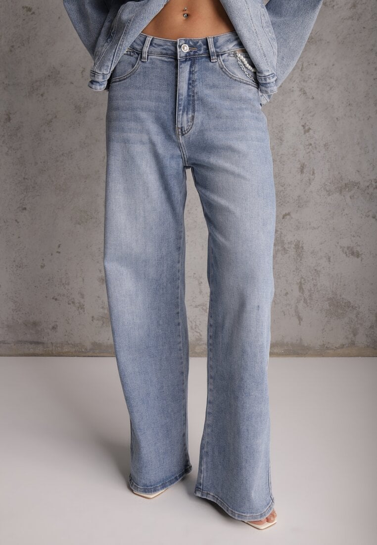 Niebieskie Jeansy Szerokie z Bawełny High Waist Ozdobione Perełkami i Wycięciami Nenelsea