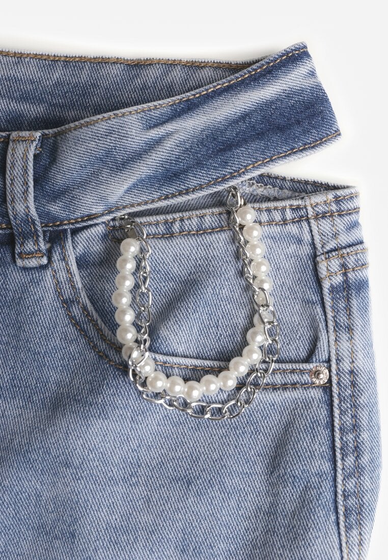Niebieskie Jeansy Szerokie z Bawełny High Waist Ozdobione Perełkami i Wycięciami Nenelsea
