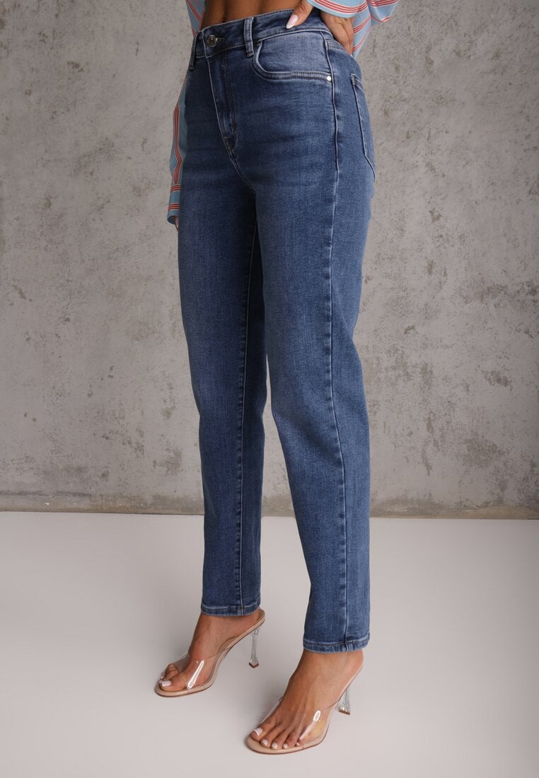 Niebieskie Jeansy Mom Fit Regular Waist z Bawełną Quelovia