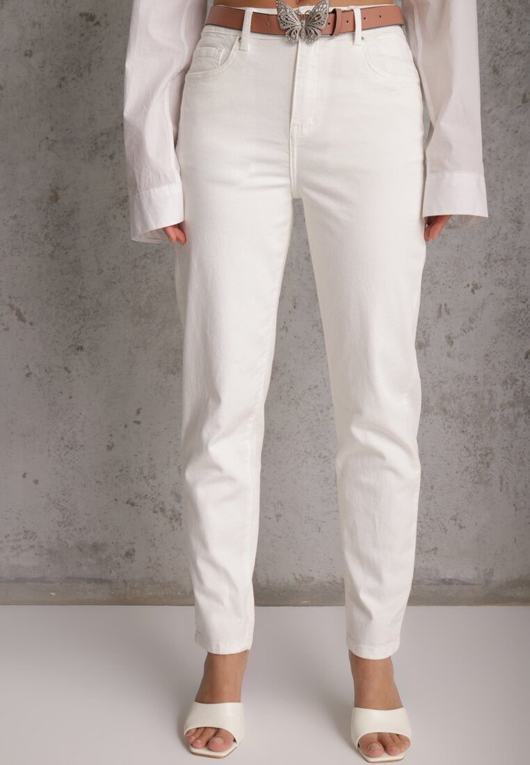 Białe Jeansy z Bawełną i Wiskozą High Waist Ozdobione Paskiem i Motylem Neviasi