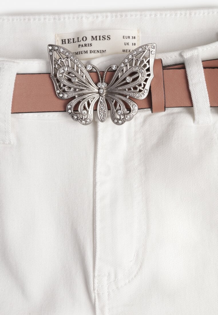 Białe Jeansy z Bawełną i Wiskozą High Waist Ozdobione Paskiem i Motylem Neviasi