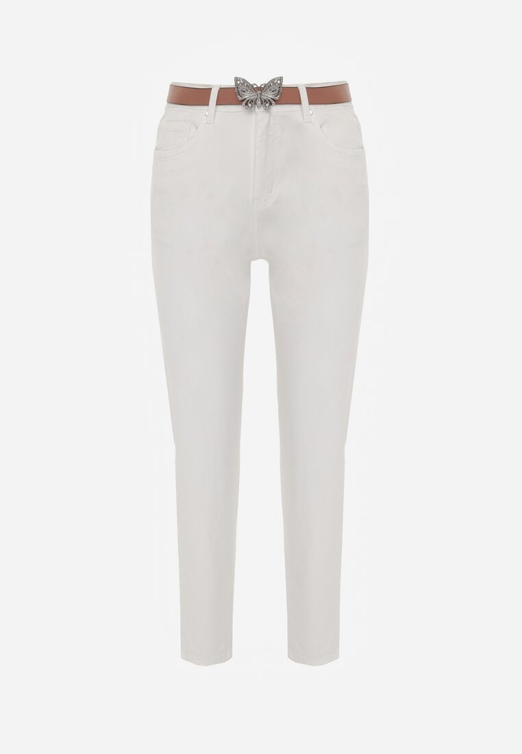 Białe Jeansy z Bawełną i Wiskozą High Waist Ozdobione Paskiem i Motylem Neviasi