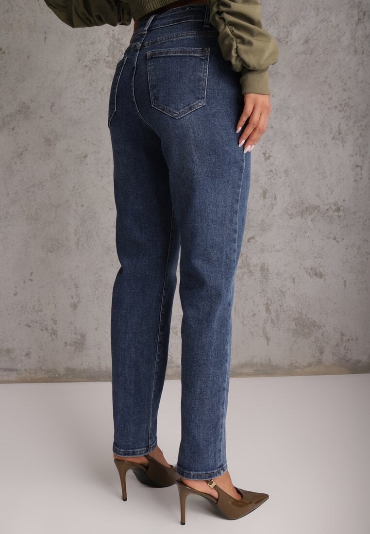 Granatowe Elastyczne Jeansy Mom Fit Regular Waist z Bawełną Ellestar