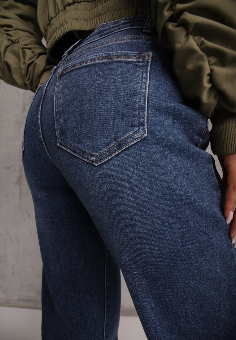 Granatowe Elastyczne Jeansy Mom Fit Regular Waist z Bawełną Ellestar