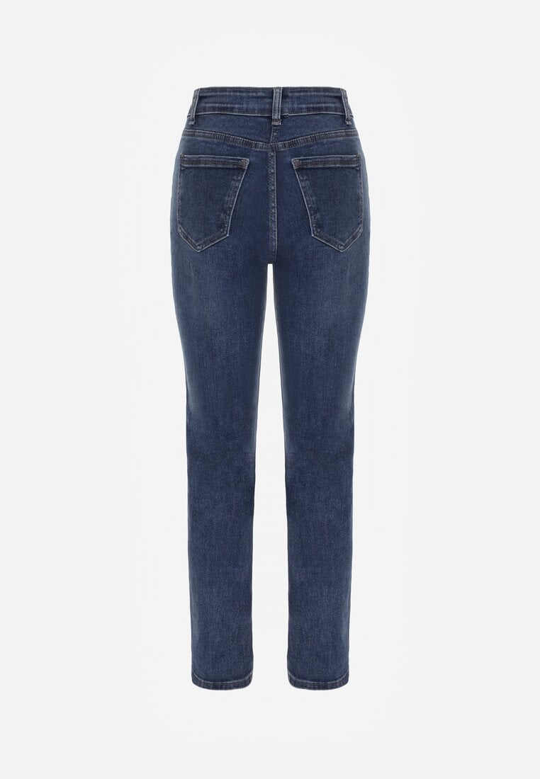 Granatowe Elastyczne Jeansy Mom Fit Regular Waist z Bawełną Ellestar