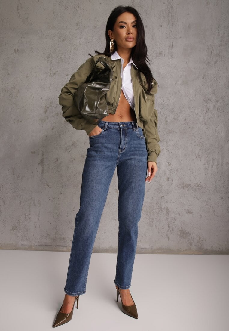 Granatowe Elastyczne Jeansy Mom Fit Regular Waist z Bawełną Ellestar