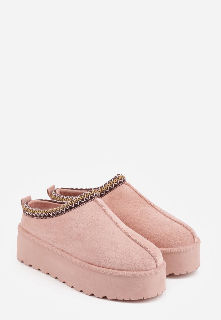 Różowe Śniegowce na Platformie z Niską Cholewką i Haftowanym Wzorem Zivilae