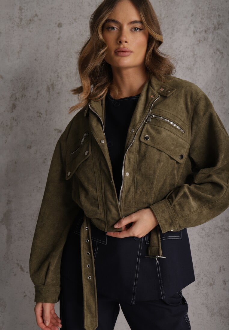 Ciemnobeżowa Kurtka Utility Cropped z Imitacji Zamszu z Suwakami i Paskiem w Talii Gleania