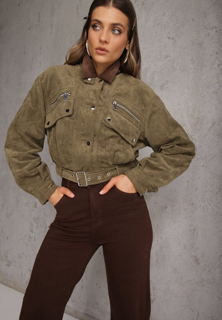Zielona Kurtka Utility Cropped z Imitacji Zamszu z Suwakami i Paskiem w Talii Gleania