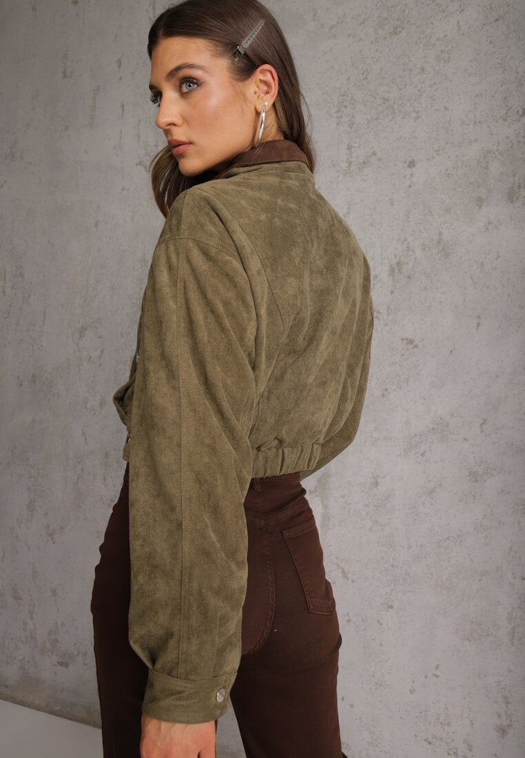 Zielona Kurtka Utility Cropped z Imitacji Zamszu z Suwakami i Paskiem w Talii Gleania