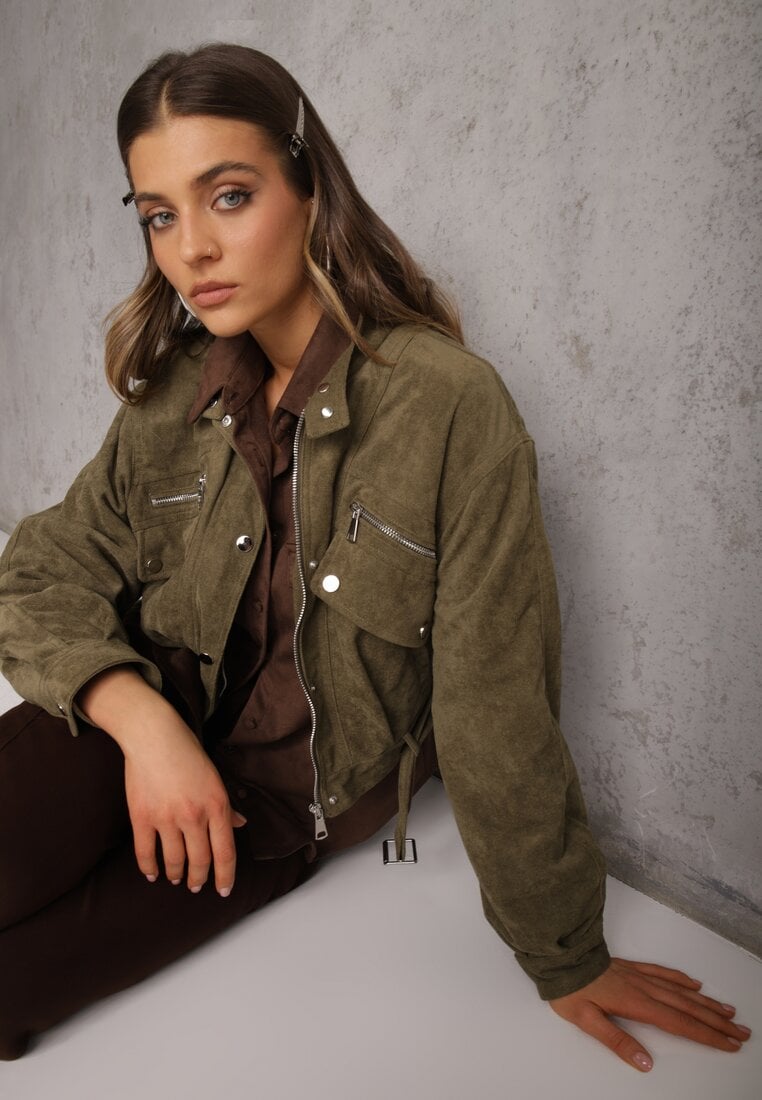 Zielona Kurtka Utility Cropped z Imitacji Zamszu z Suwakami i Paskiem w Talii Gleania
