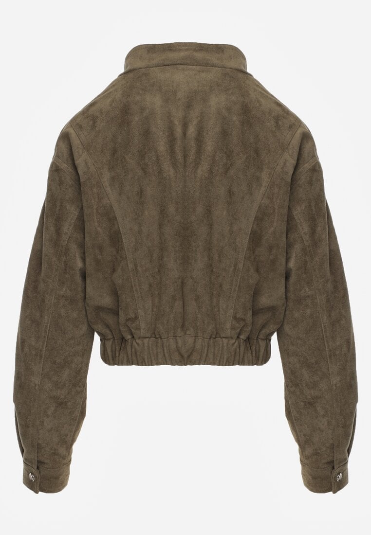 Zielona Kurtka Utility Cropped z Imitacji Zamszu z Suwakami i Paskiem w Talii Gleania