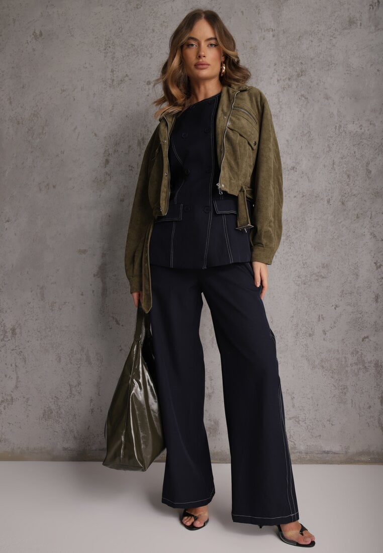 Ciemnobeżowa Kurtka Utility Cropped z Imitacji Zamszu z Suwakami i Paskiem w Talii Gleania