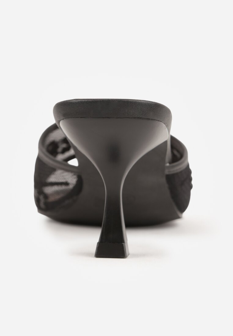 Czarne Siateczkowe Klapki na Metalicznej Szpilce z Imitacją Pereł i Haftem w Kwiaty Polia