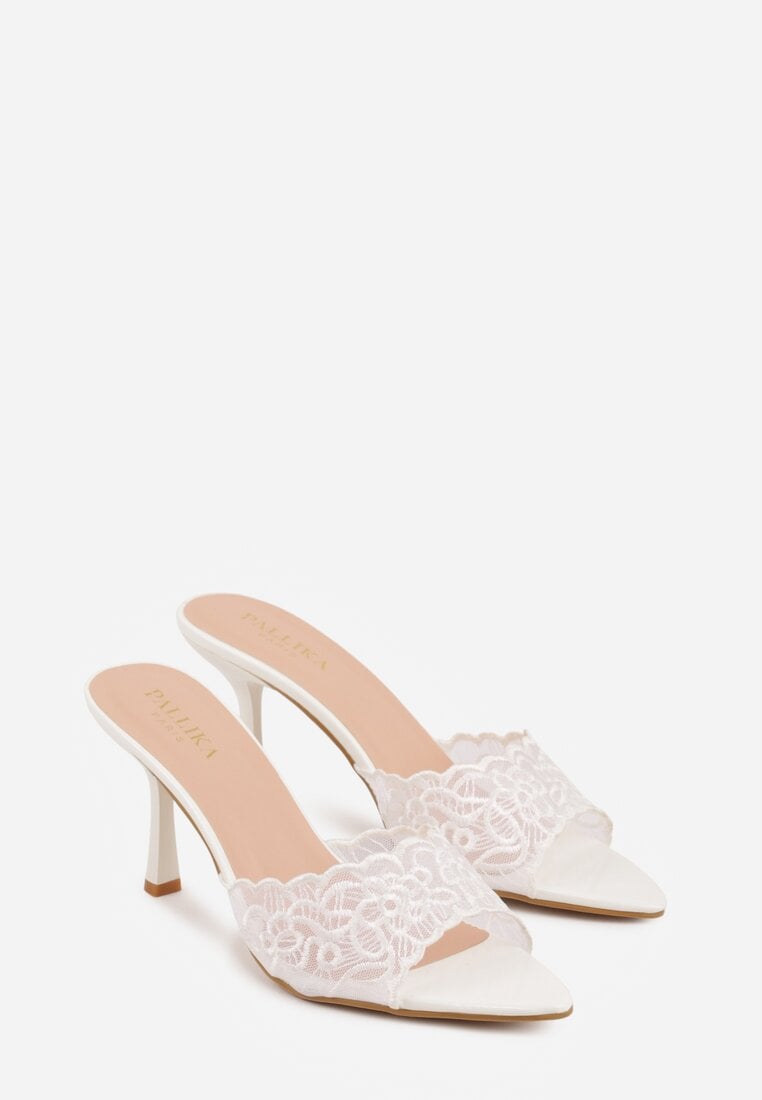 Białe Koronkowe Klapki na Szpilce Lyvete