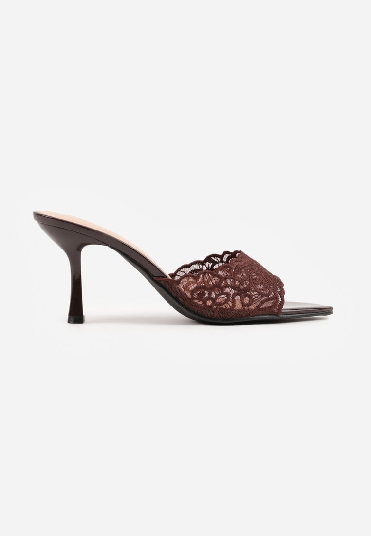Brązowe Koronkowe Klapki na Szpilce Lyvete