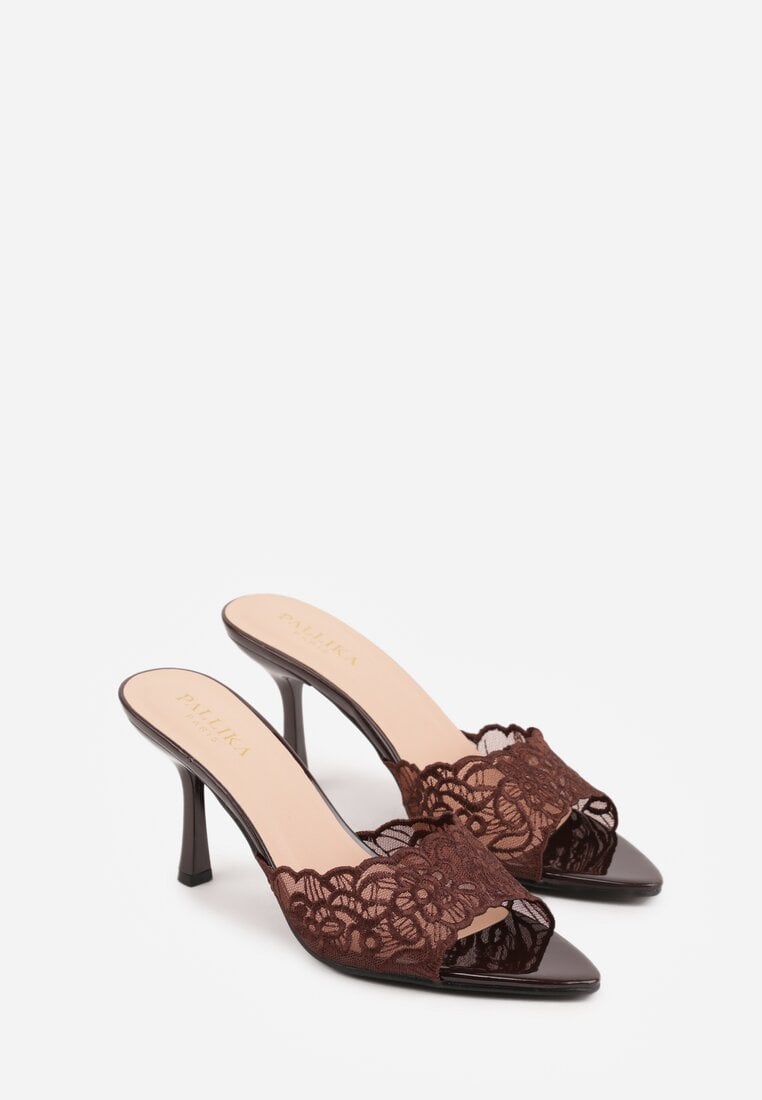 Brązowe Koronkowe Klapki na Szpilce Lyvete