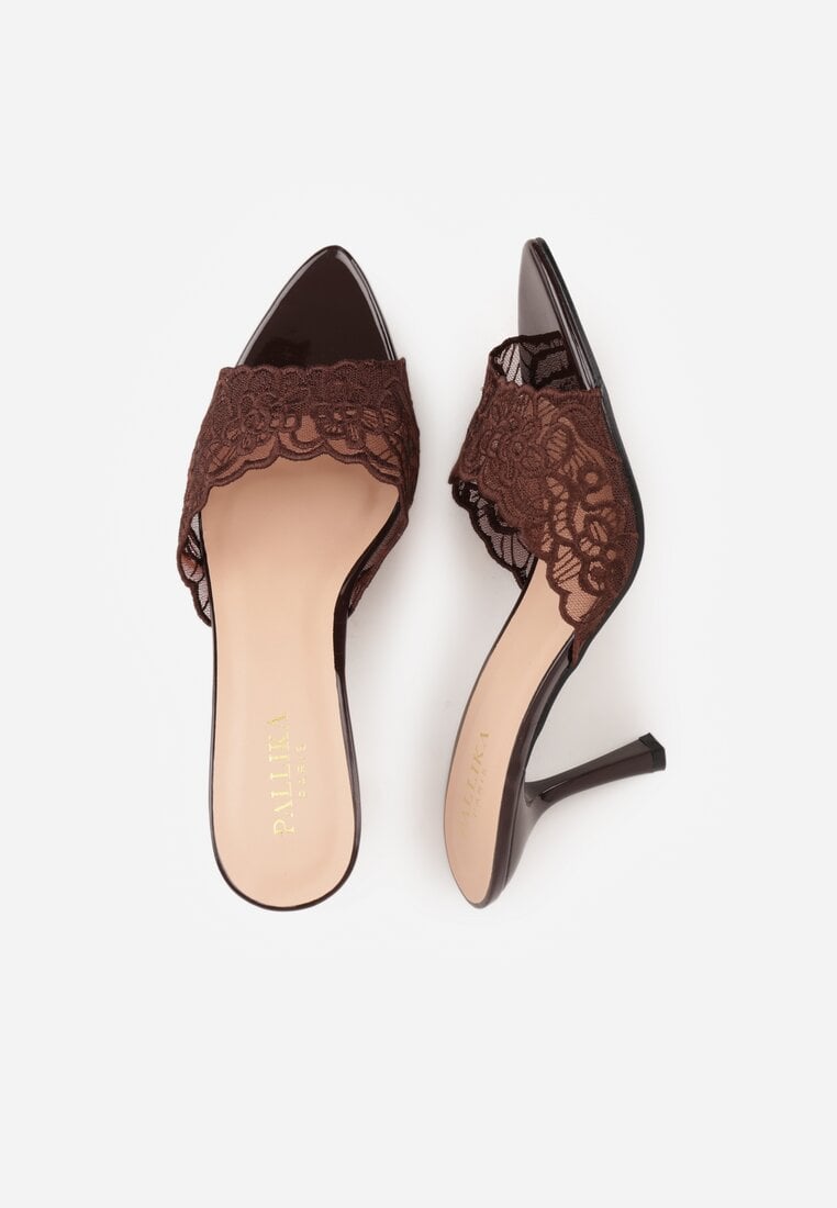 Brązowe Koronkowe Klapki na Szpilce Lyvete