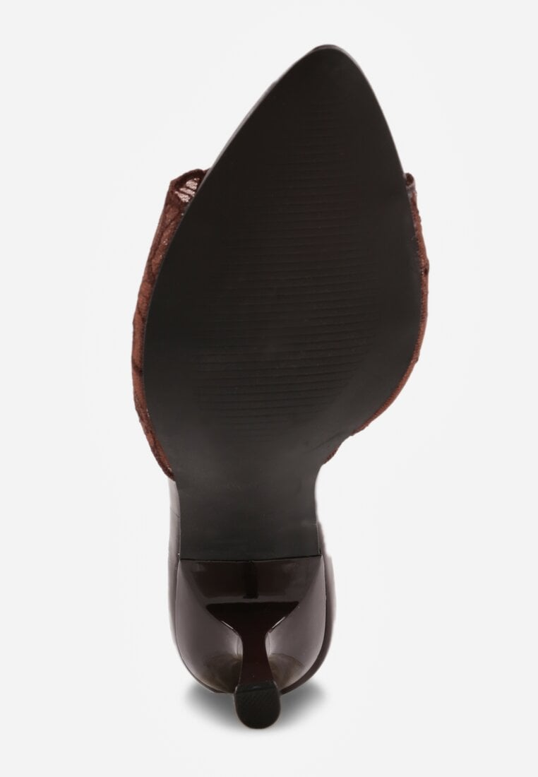 Brązowe Koronkowe Klapki na Szpilce Lyvete