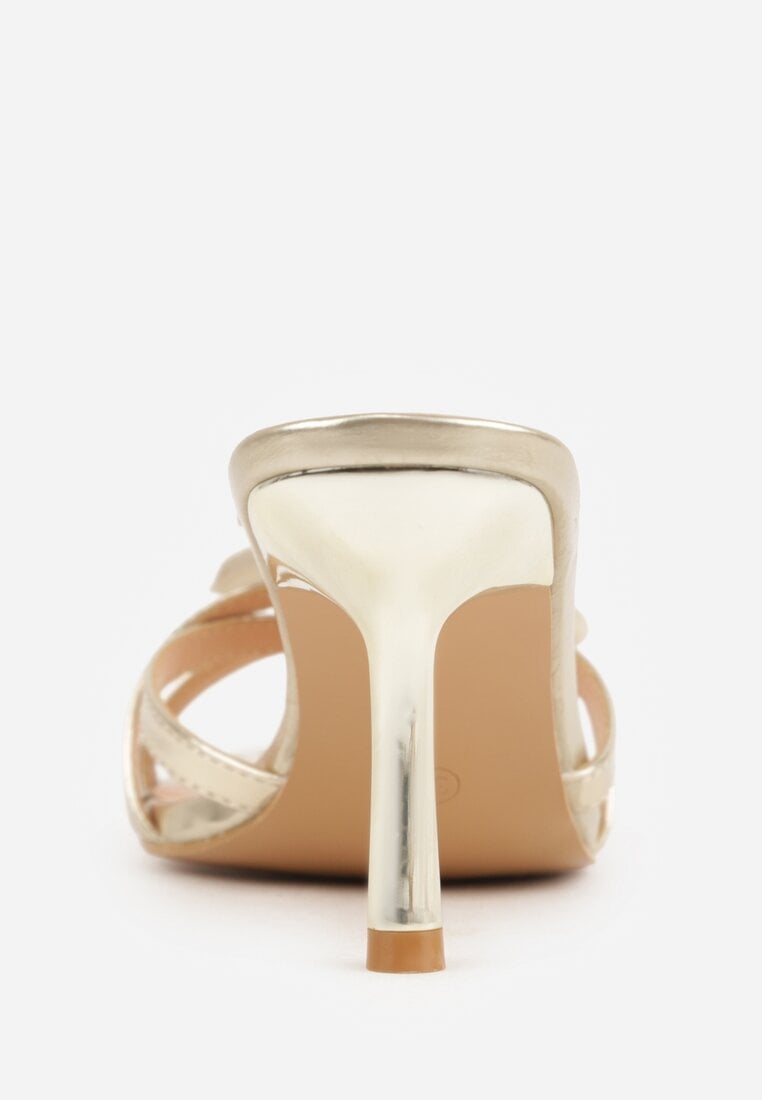 Złote Klapki na Szpilce z Ozdobnym Kwiatkiem Brialora