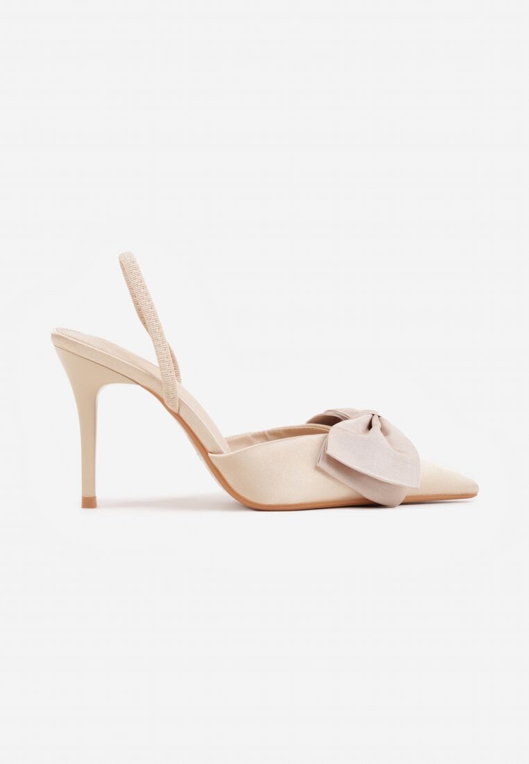 Beżowe Szpilki o Satynowym Wykończeniu z Aplikacją w Kształcie Kokardy Gihaen