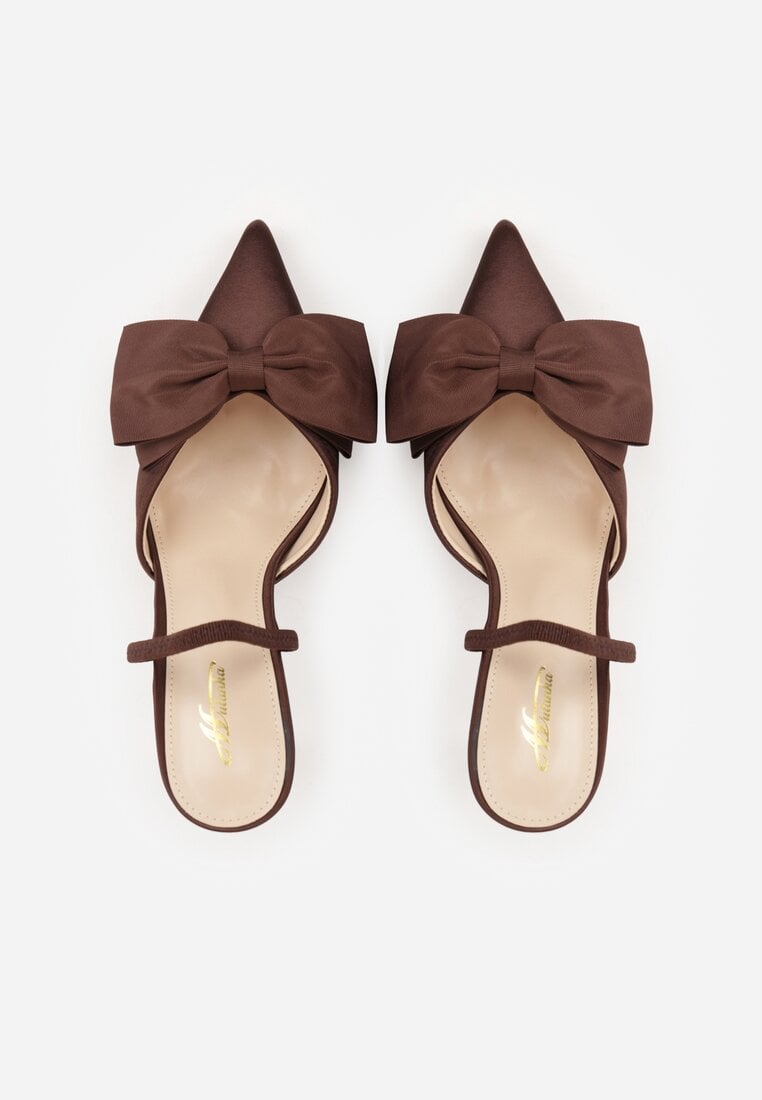 Brązowe Szpilki o Satynowym Wykończeniu z Aplikacją w Kształcie Kokardy Gihaen