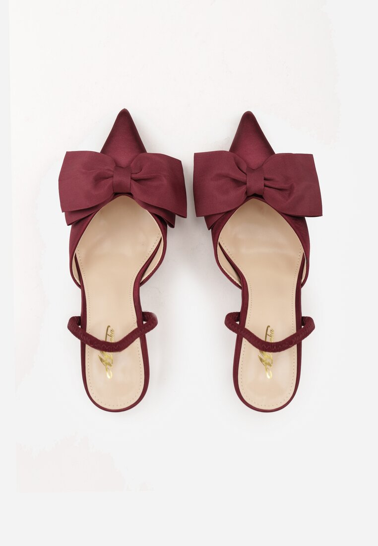 Bordowe Szpilki o Satynowym Wykończeniu z Aplikacją w Kształcie Kokardy Gihaen