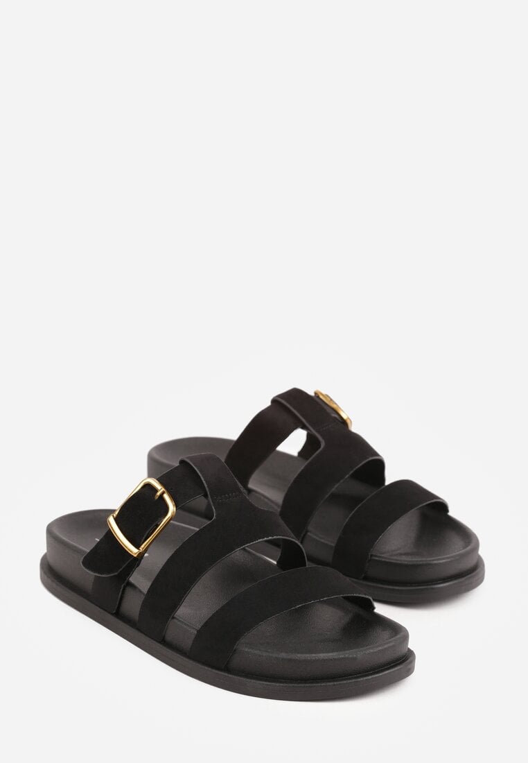 Czarne Klapki Ozdobione Geometrycznymi Paskami i Metaliczną Klamrą Hossei