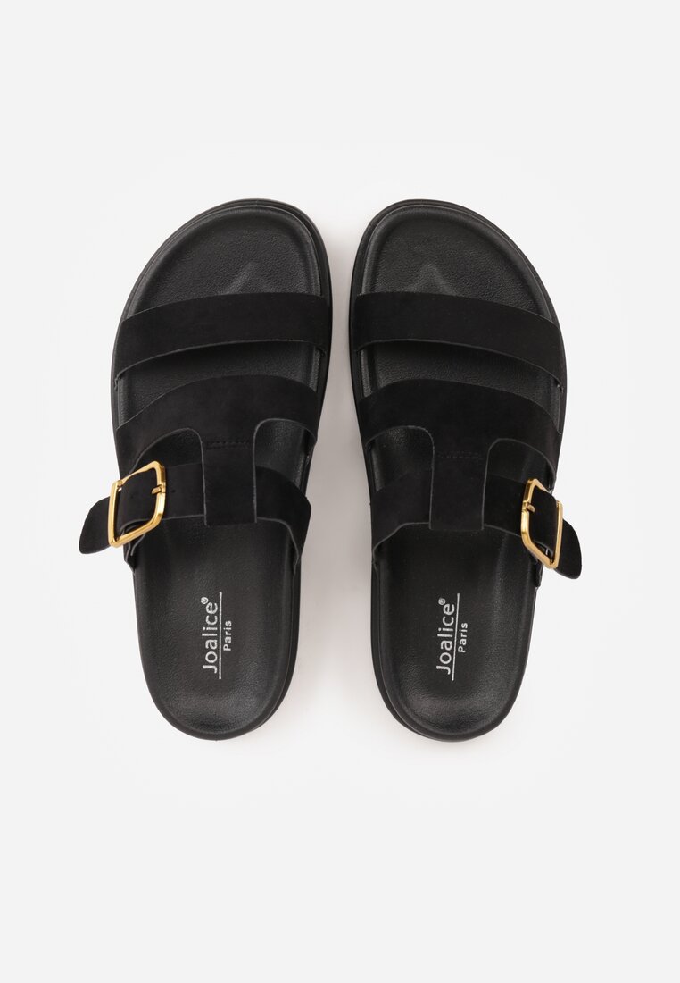 Czarne Klapki Ozdobione Geometrycznymi Paskami i Metaliczną Klamrą Hossei