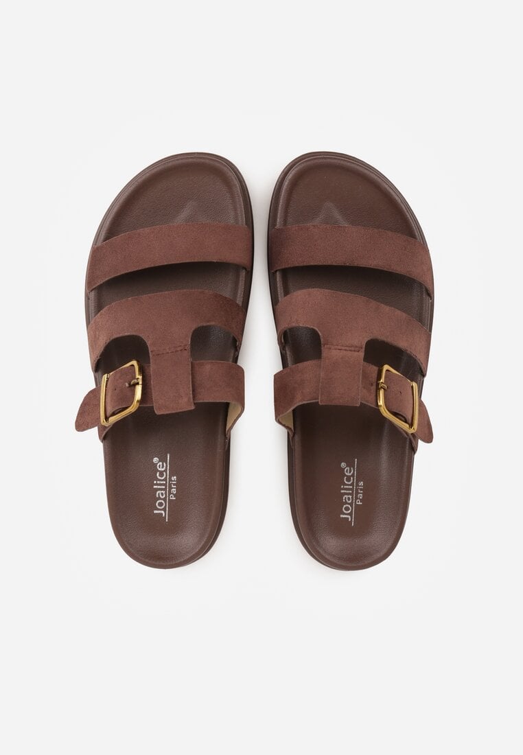 Brązowe Klapki Ozdobione Geometrycznymi Paskami i Metaliczną Klamrą Hossei