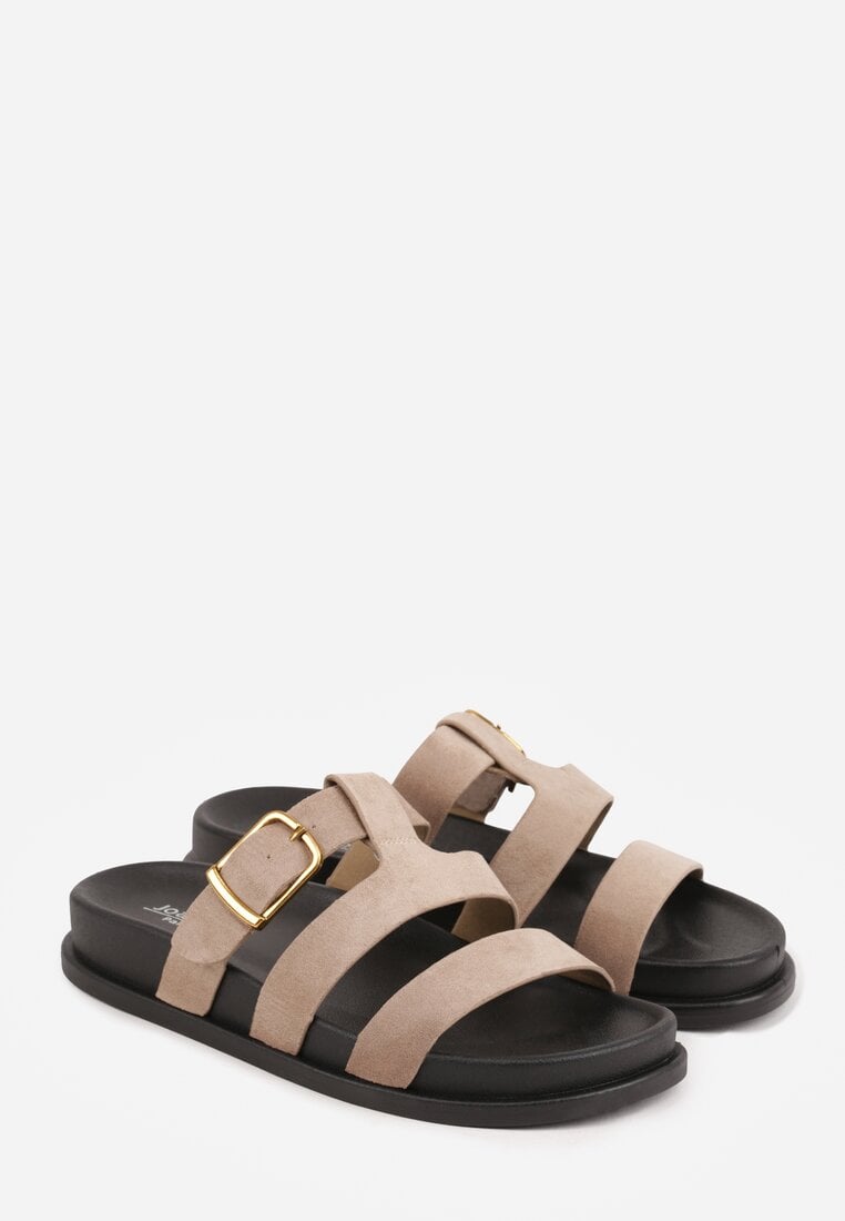 Ciemnobeżowe Klapki Ozdobione Geometrycznymi Paskami i Metaliczną Klamrą Hossei