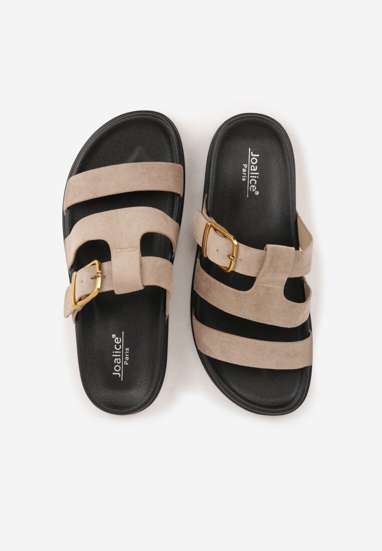 Ciemnobeżowe Klapki Ozdobione Geometrycznymi Paskami i Metaliczną Klamrą Hossei