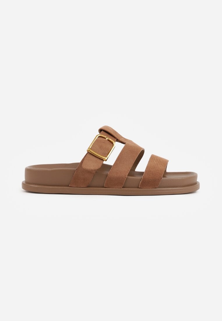 Jasnobrązowe Klapki Ozdobione Geometrycznymi Paskami i Metaliczną Klamrą Hossei