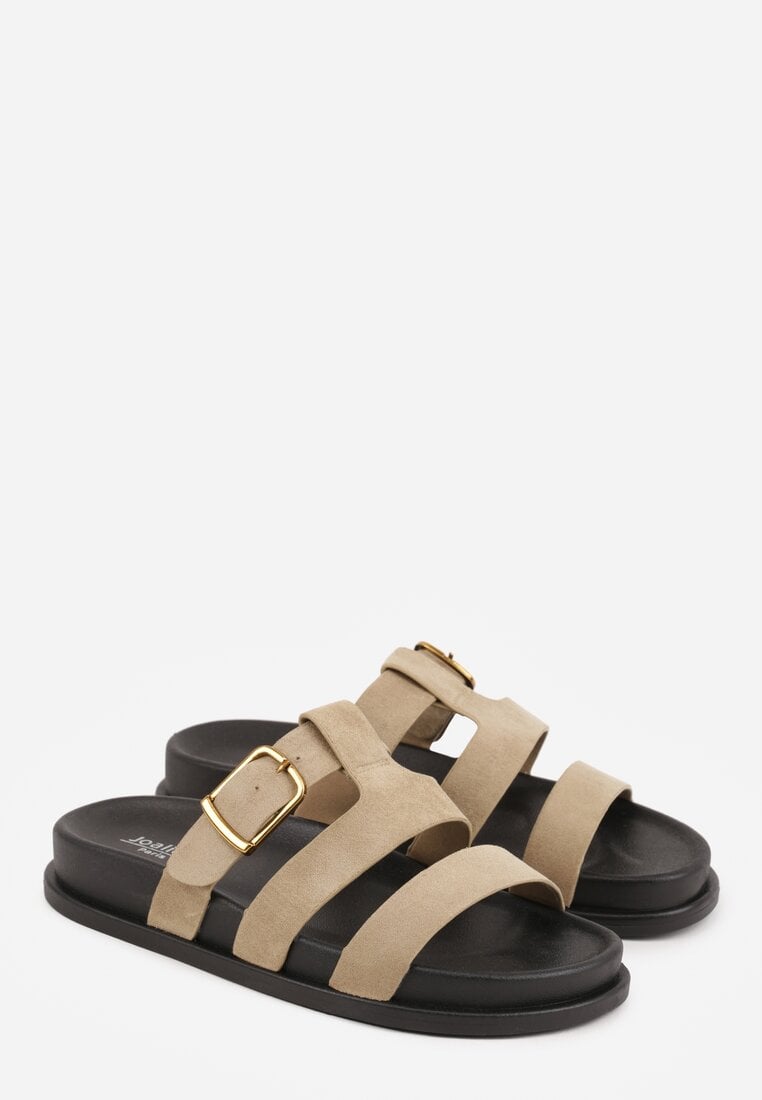 Beżowe Klapki Ozdobione Geometrycznymi Paskami i Metaliczną Klamrą Hossei