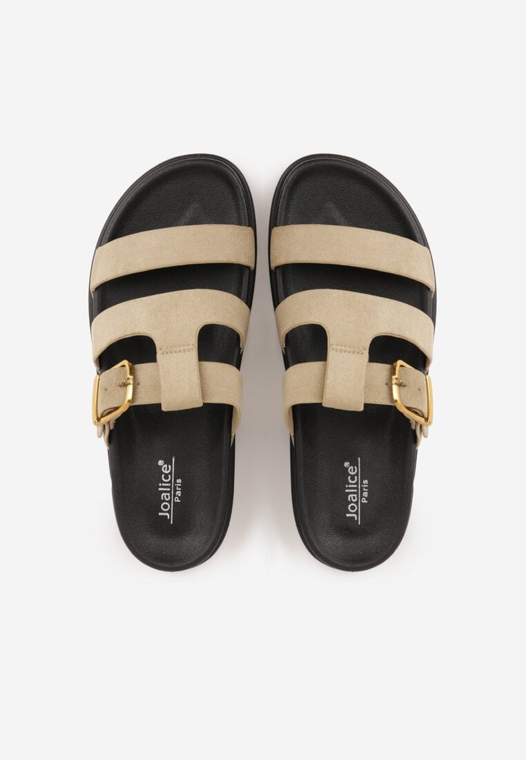 Beżowe Klapki Ozdobione Geometrycznymi Paskami i Metaliczną Klamrą Hossei