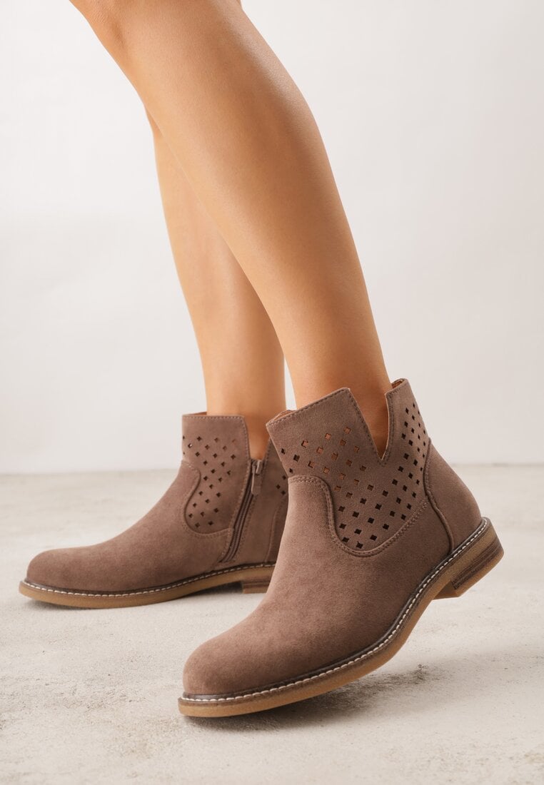 Jasnobrązowe Ażurowe Botki na Płaskiej Podeszwie ze Skórzaną Wkładką Terilara