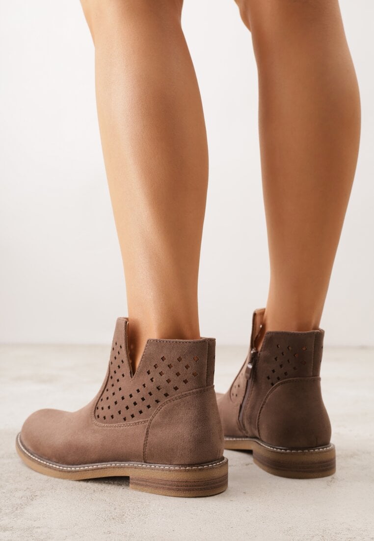 Jasnobrązowe Ażurowe Botki na Płaskiej Podeszwie ze Skórzaną Wkładką Terilara