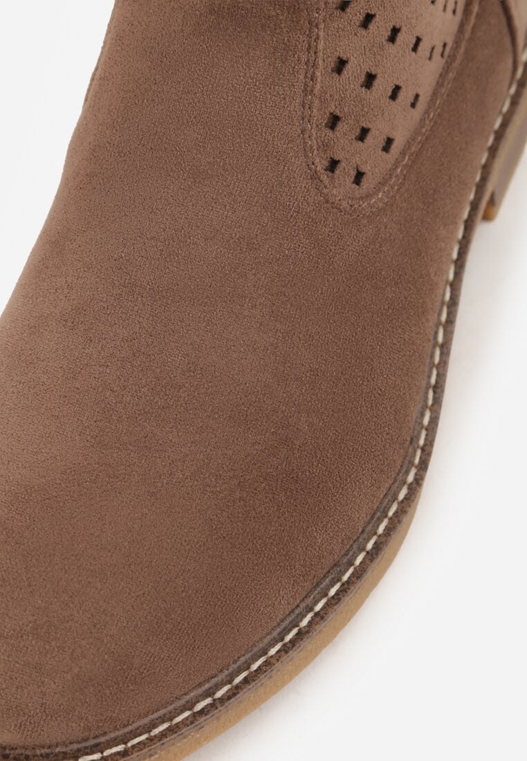 Jasnobrązowe Ażurowe Botki na Płaskiej Podeszwie ze Skórzaną Wkładką Terilara