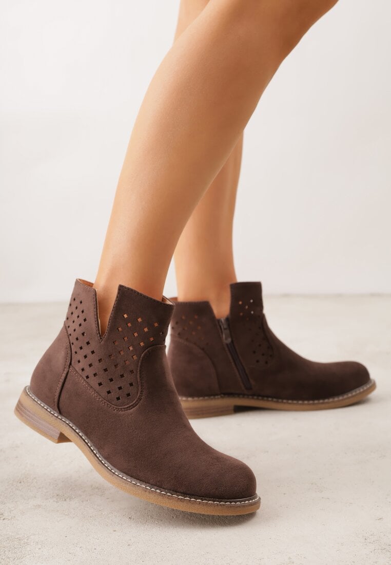 Brązowe Ażurowe Botki na Płaskiej Podeszwie ze Skórzaną Wkładką Terilara