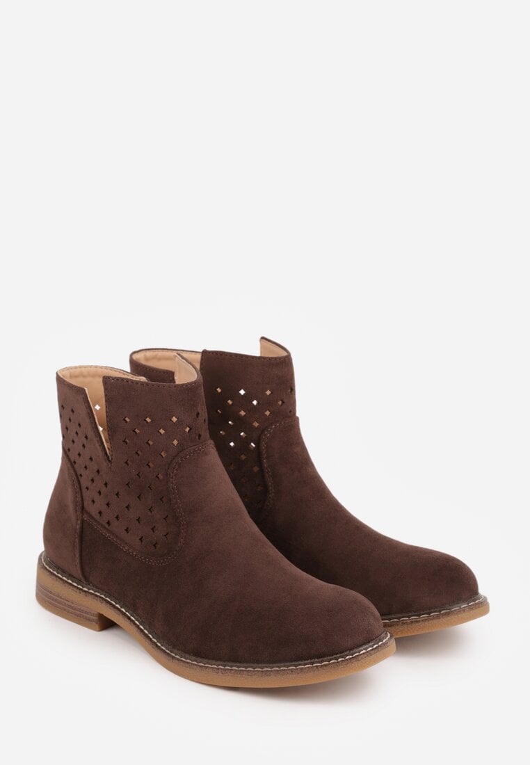 Brązowe Ażurowe Botki na Płaskiej Podeszwie ze Skórzaną Wkładką Terilara