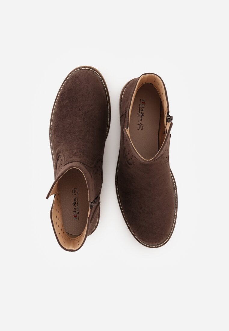 Brązowe Ażurowe Botki na Płaskiej Podeszwie ze Skórzaną Wkładką Terilara