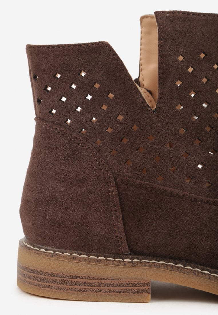 Brązowe Ażurowe Botki na Płaskiej Podeszwie ze Skórzaną Wkładką Terilara