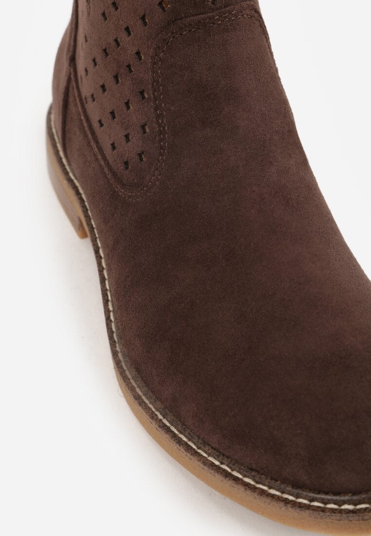 Brązowe Ażurowe Botki na Płaskiej Podeszwie ze Skórzaną Wkładką Terilara