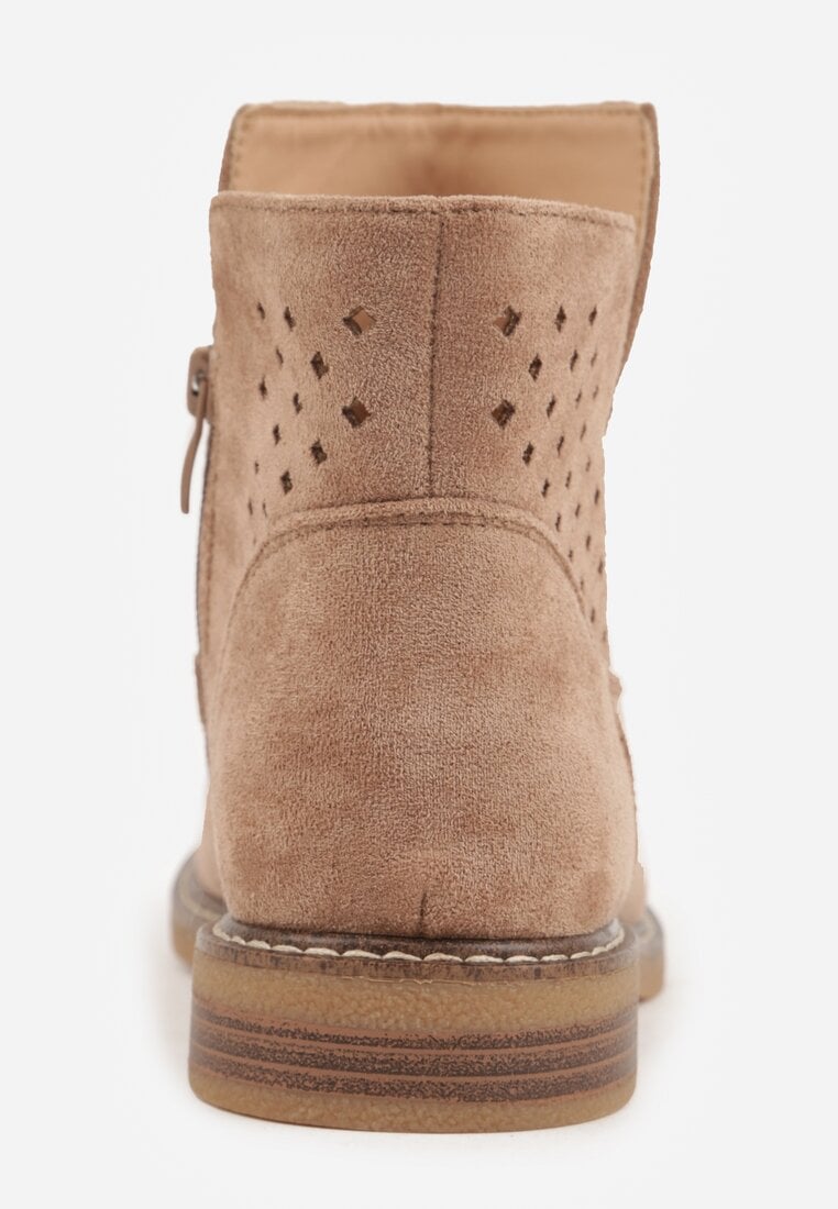 Ciemnobeżowe Ażurowe Botki na Płaskiej Podeszwie ze Skórzaną Wkładką Terilara