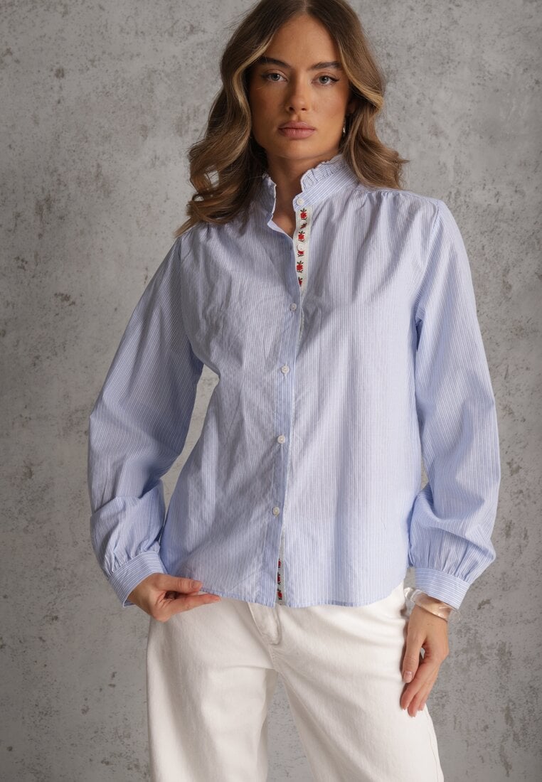 Niebieska Koszula z Bawełną Zdobiona Haftem i Stójką z Falbanką Linivia