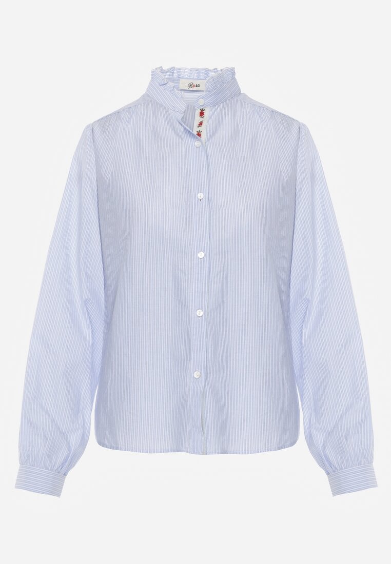 Niebieska Koszula z Bawełną Zdobiona Haftem i Stójką z Falbanką Linivia