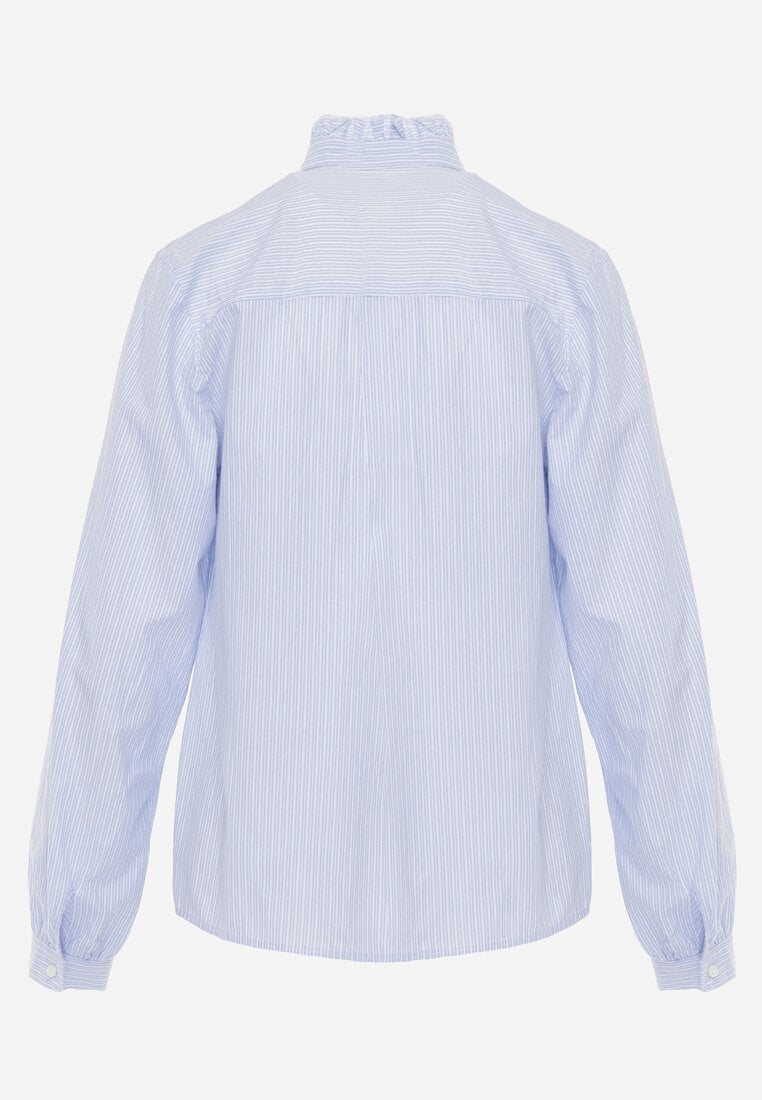 Niebieska Koszula z Bawełną Zdobiona Haftem i Stójką z Falbanką Linivia