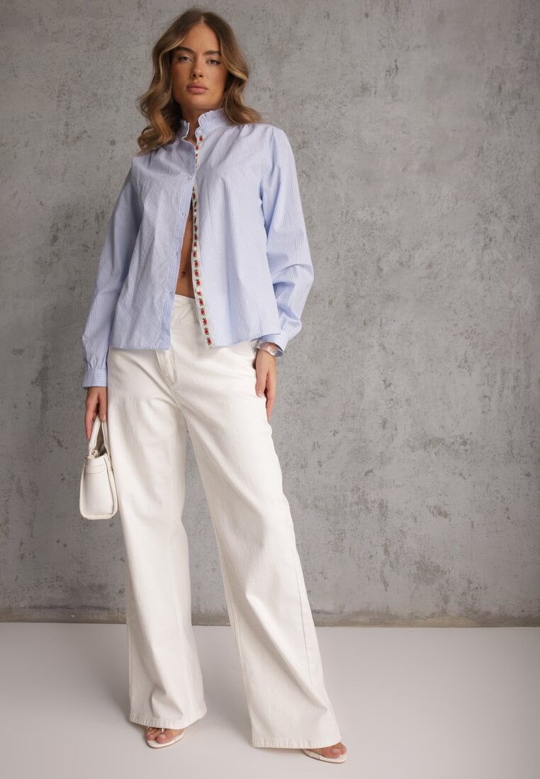 Niebieska Koszula z Bawełną Zdobiona Haftem i Stójką z Falbanką Linivia