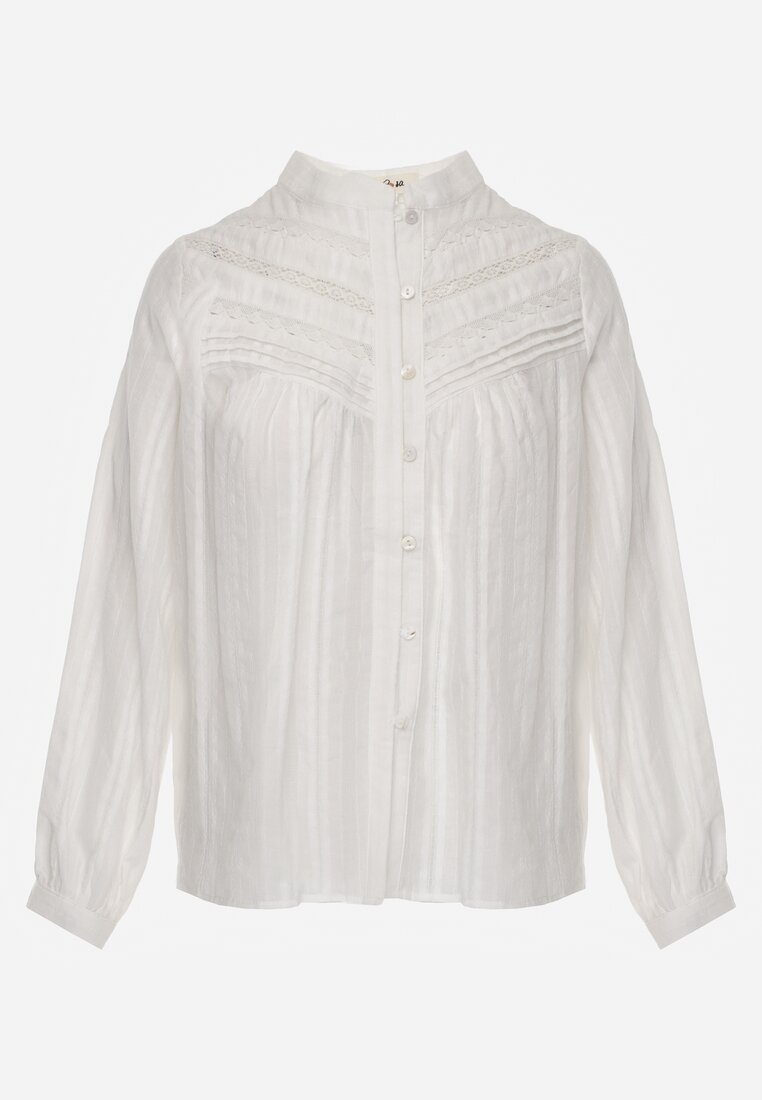 Biała Koszula z Bawełny ze Stójką Ozdobiona Koronkowymi Lamówkami  Ilielia
