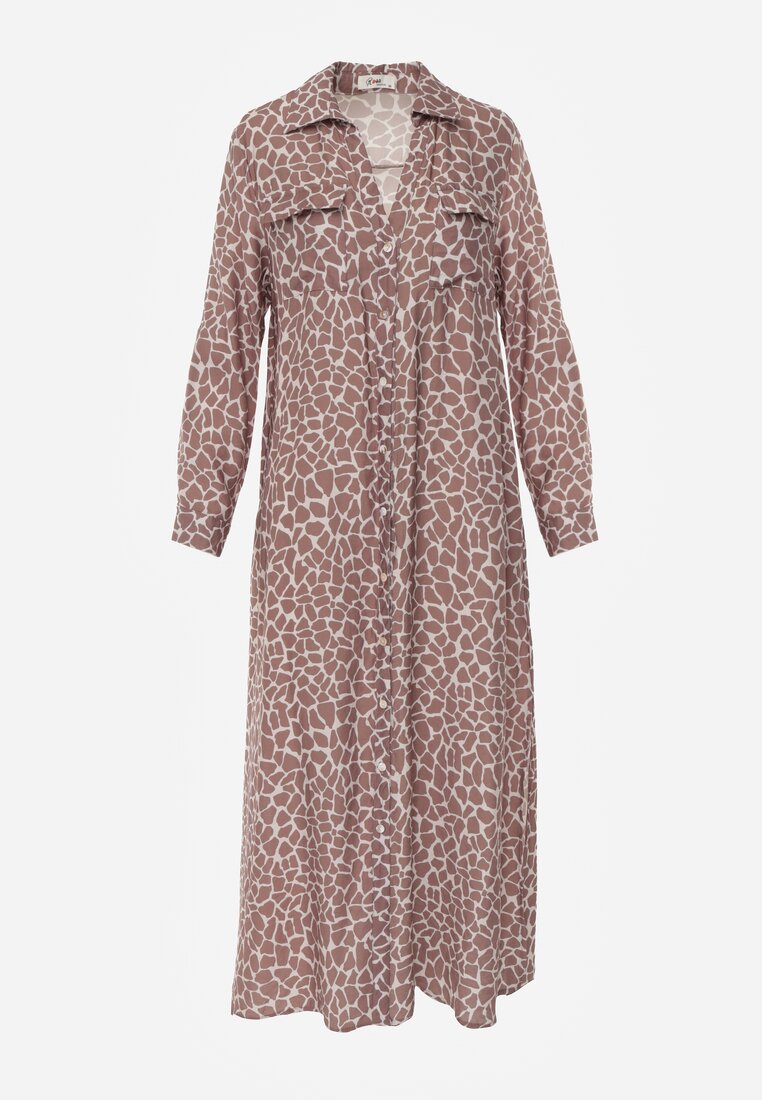 Beżowa Sukienka z Wiskozą o Koszulowym Kroju w Giraffe Print Braloria